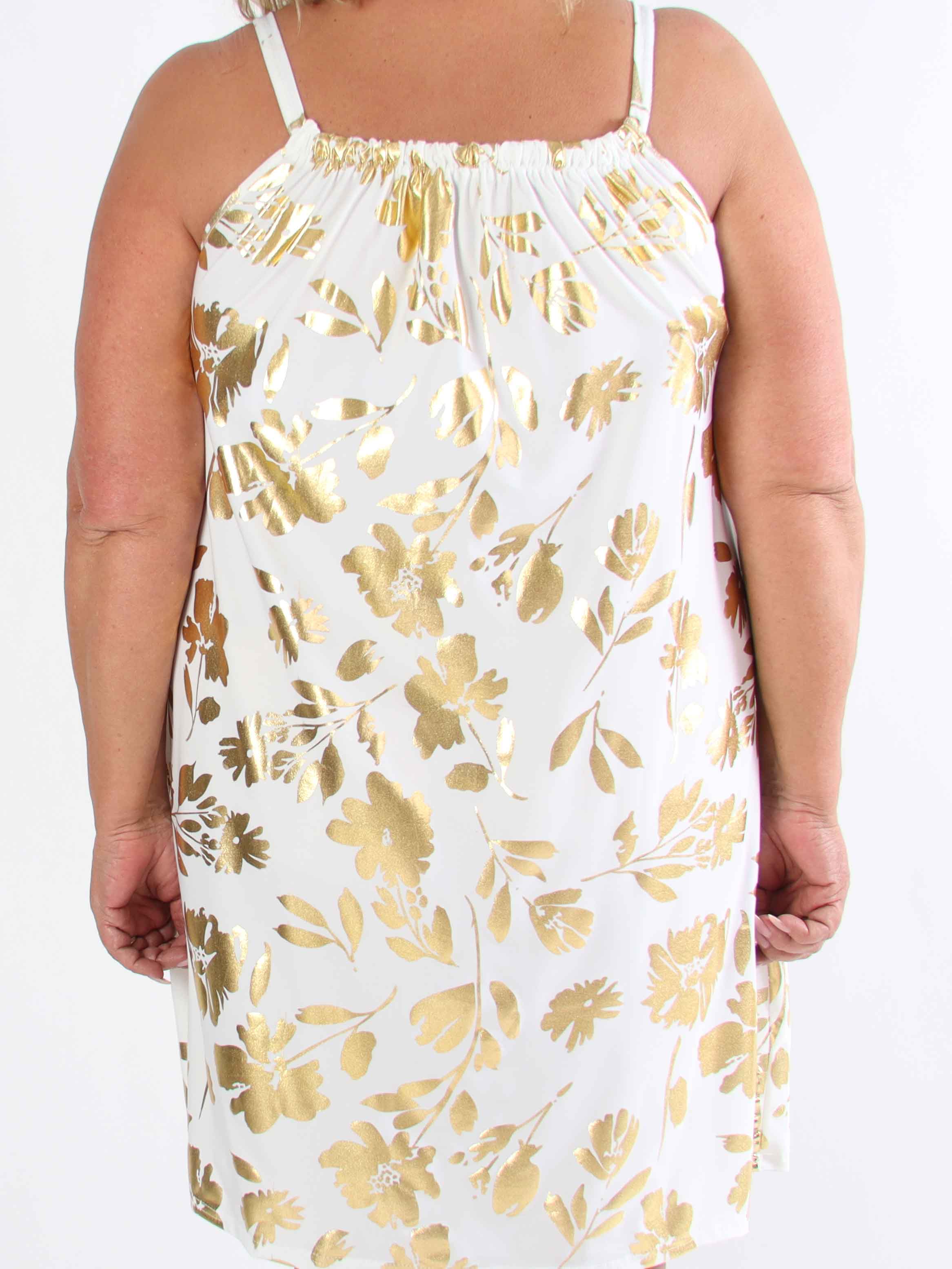 SunLove Gold Flower - Elastisk plus size stropkjole med store guldblade
